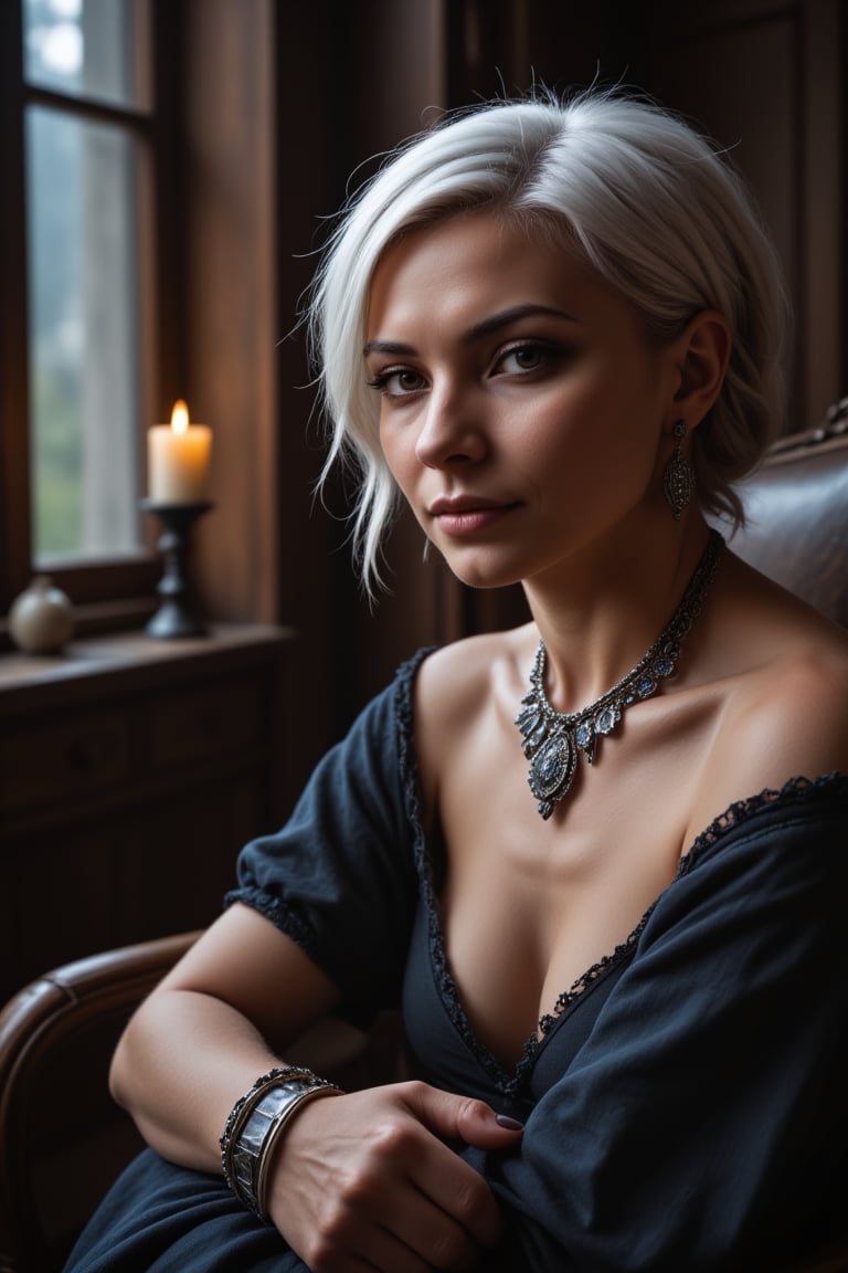 A close-up shot of a  woman with striking white hair, adorned with intricate jewelry - a delicate necklace and elegant earrings. She sits, in a dimly lit room with worn, vintage furniture. The warm glow of a nearby candle casts a realistic ambiance, highlighting the subjects' gentle features.