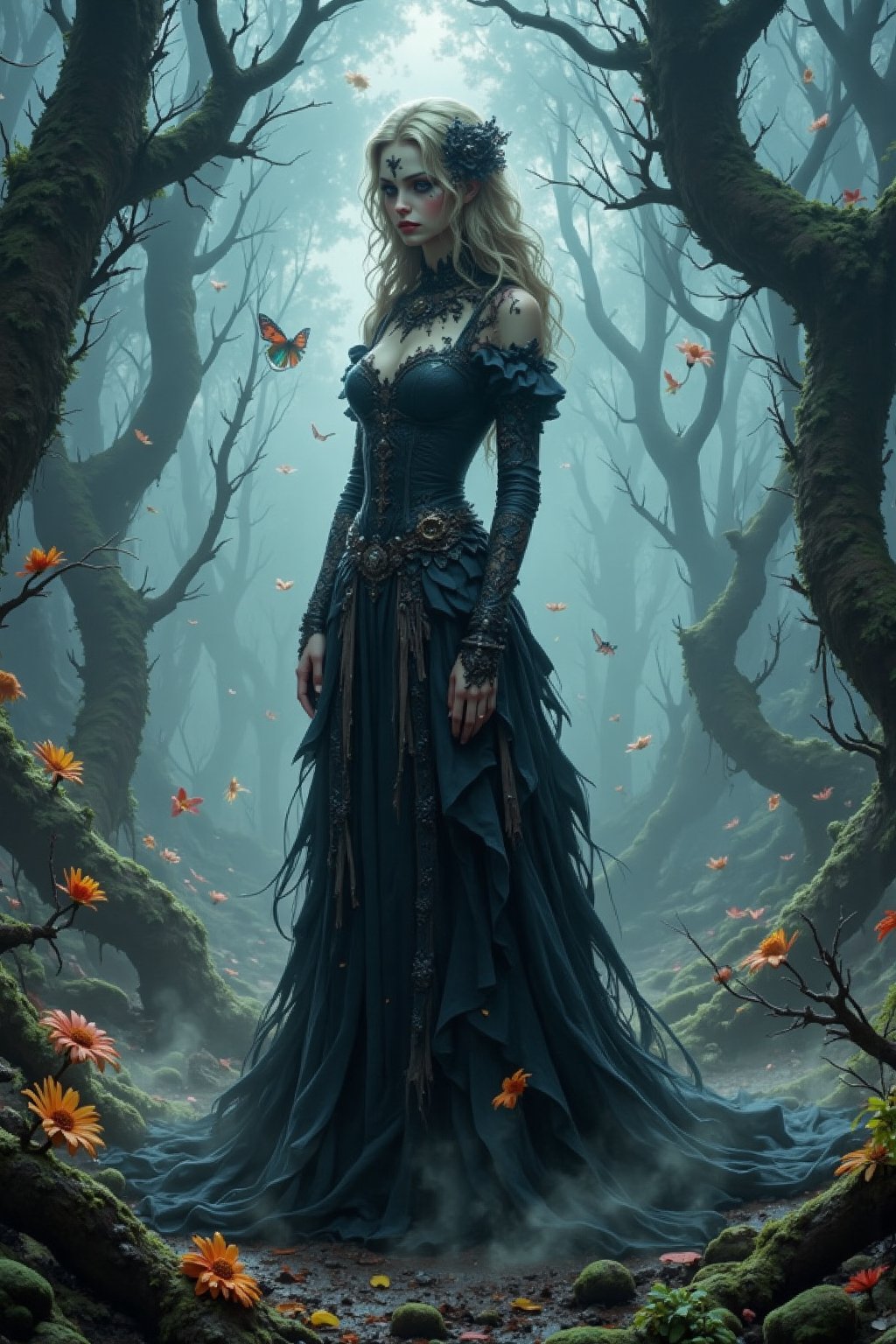 Create an image of a gothic female figure standing in a misty forest. She wears beautifully detailed traditional gothic clothing and has striking makeup. Surrealism style adds a whimsical touch, with upside-down trees and colorful shadows dancing around her.