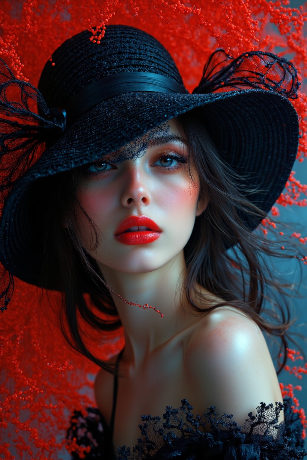 Depict a woman wearing a wide-brimmed hat, her head tilted down but looking slightly to the side and upwards, revealing just one of her eyes. Her lips are painted a bold red, and her jet-black hair rests softly on her shoulders. The abstract red background blends into a fantastic blue gradient, adding to the air of mystery. The portrait is expressed with heavy, unstructured lighting, capturing the essence of the woman in a beautifully artistic and abstract style