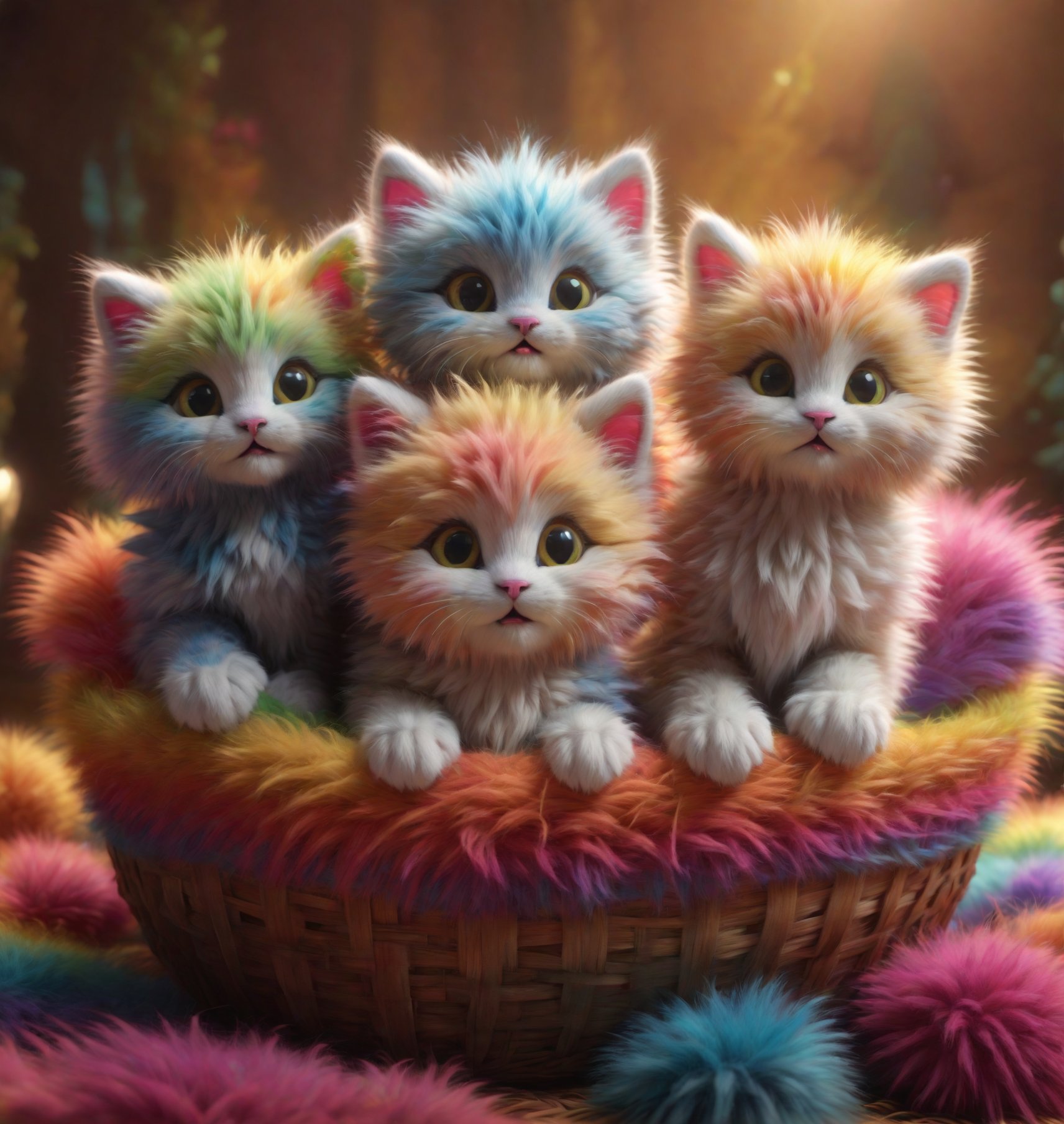 five kittens,  all fluffy and of different colours patterens,  stting inside a wicker cat basket that has a blanket inside...