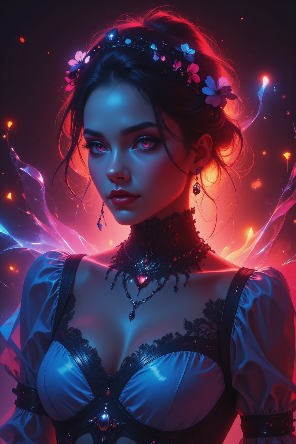 create e a stunningly beautiful witch,glowing,bright,luminous skin,glowing brightly,warm light,radiant,soft,glowing skin and vibrant, luminous features,glowing visual effects,glowing particles,neon