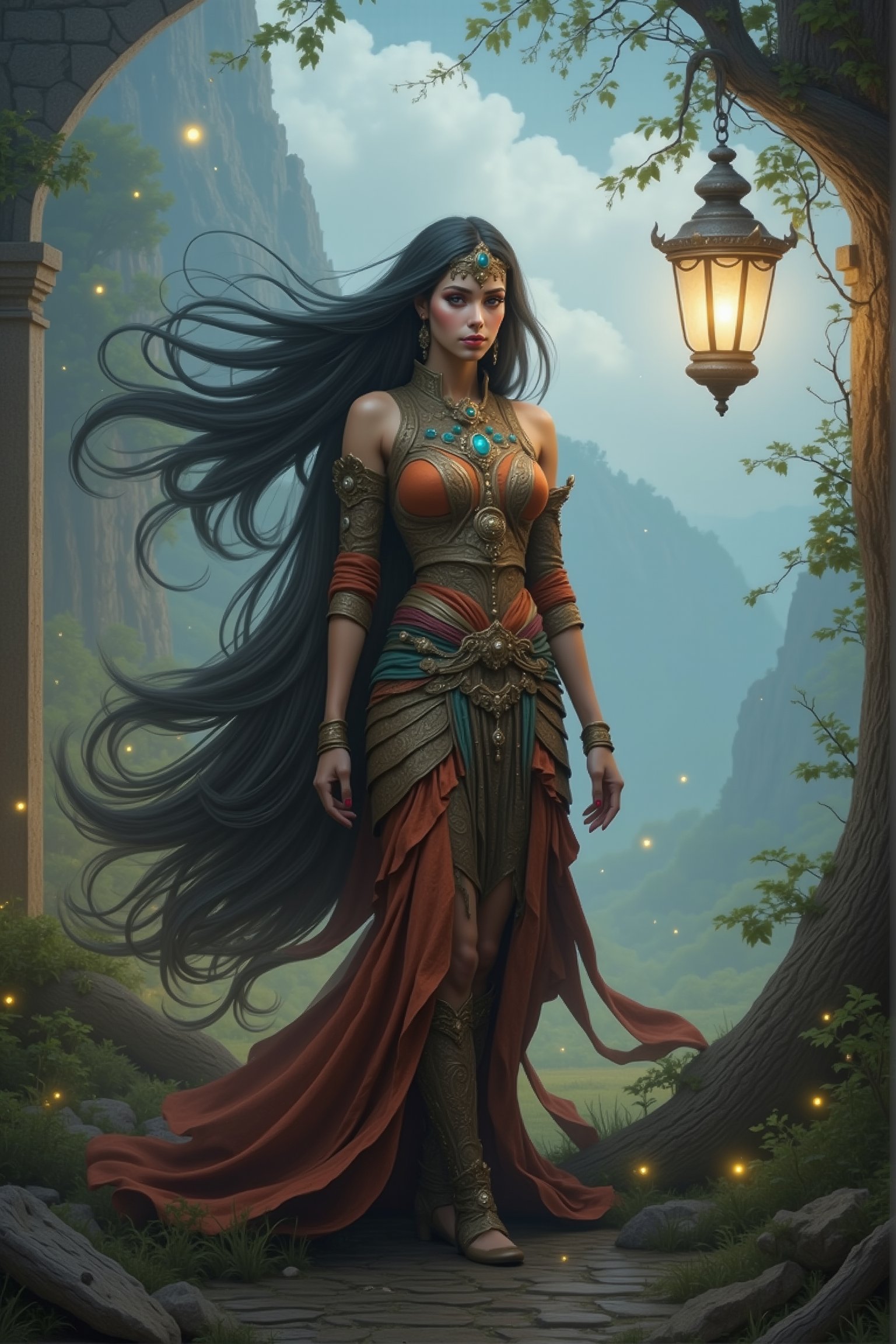 Create an alien female gypsy with an ornate landscape by Gypsy-Rose NZ on Tensor.Art