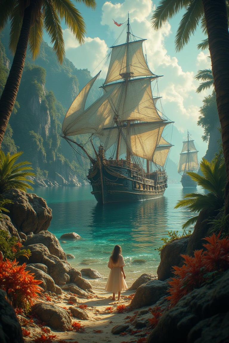 POV angle water, MAGICAL cute STORYBOOK tropical bay , shabby STYLE lovely sailing ship on the beach, view on the tropical bay , summer, semi underwater view.  Modifiers: highly detailed dof trending on cgsociety steampunk fantastic view ultra detailed 4K 3D whimsical Storybook beautifully lit etheral highly intricate stunning color depth disorderly outstanding cute illustration cuteaesthetic Boris Vallejo style shadow play The mood is Mysterious and Spellbinding, with a sense of otherworldliness  otherwordliness macro photography style LEONARDO DIFFUSION XL STYLE vintage-futuristic