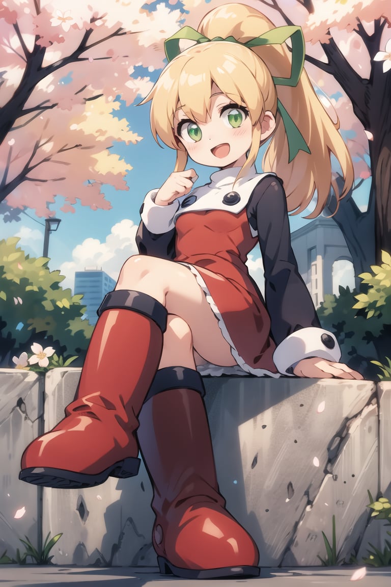 megamanroll, 1girl, solo, green eyes, blonde hair, ponytail, ribbon, open mouth, boots, dress, smile, long hair, knee boots, red dress, hair ribbon, red footwear, long sleeves, red skirt, green ribbon, looking at viewer, sidelocks, skirt, boots,, smile, open mouth, sit,  outdoors, cherry blossoms, upskirt, paties, sit , crossed legs, looking at viewer, facing viewer, full_body,megamanroll