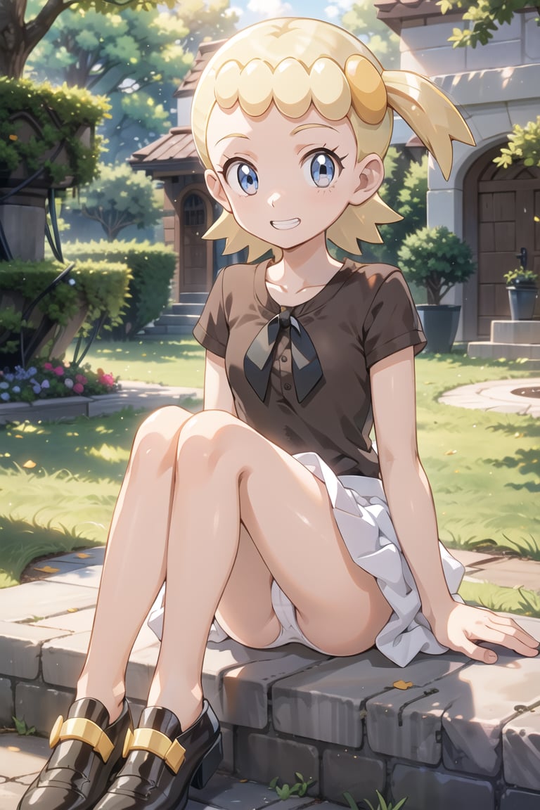 BONNIE_POKEMON, BLONDE HAIR, SHORT HAIR, HAIR ORNAMENT, SIDE PONYTAIL, BLUE EYES, EYELASHES, 

BROWN SHIRT, SKIRT, SHOES, PINK FOOTWEAR,

 looking at viewer, extremely detailed face, perfect lighting, extremely detailed CG, (perfect hands, perfect anatomy), 

outdoor, sitting, smilling, teeth, knees_touching, panties,