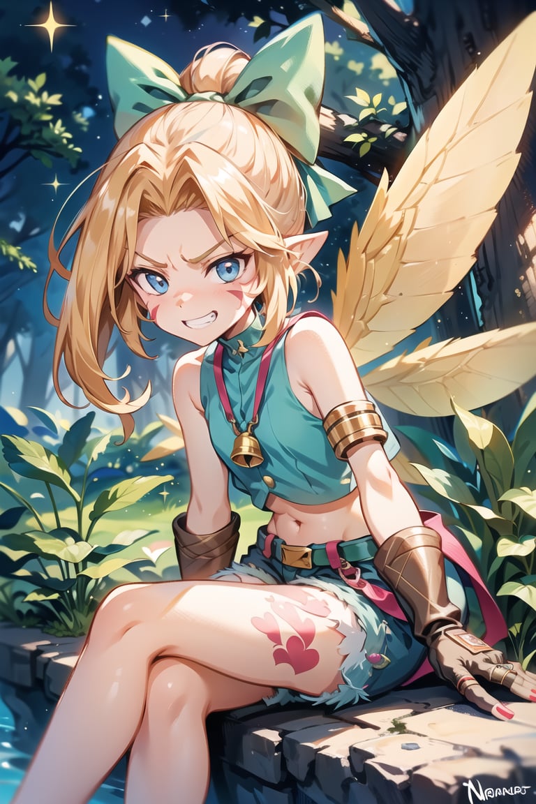 Loli,  1girl, solo, master piece:1.2, extremely detailed face, perfect lighting, extremely detailed CG, (perfect hands, perfect anatomy), two legs, 5 fingers,


(masterpiece, highres, best quality:1.3), tinkermon, long hair, small breasts, bangs, blue eyes, blonde hair, shirt, gloves, bow, navel, bare shoulders, jewelry, ponytail, hair bow, heart, sidelocks, wings, shorts, teeth, digimon \(creature\), sleeveless, pointy ears, midriff, belt, signature, grin, crop top,  short shorts, sparkle, sleeveless shirt, bell, tattoo, leaning forward, facial mark, ring, suspenders, armlet, brown gloves, green bow, green shirt, fairy wings, green shorts, heart tattoo, yellow wings, gonzarez,

Outdoors, night, fantasy jungle, crossed arms, crossed legs, angry, puffy cheeks, full-face blush, Upskirt, panties,