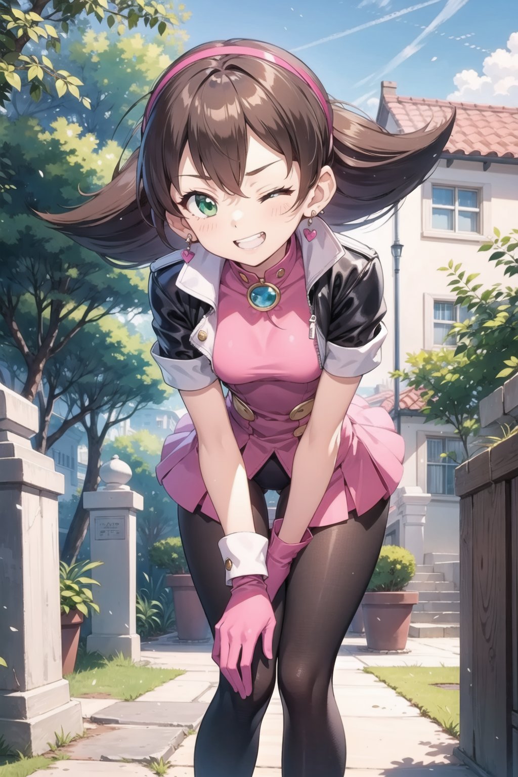 loli, tron_bonne_megamanl, green eyes, brown hair, 

glove, earrings, hairband, jewelry, cropped jacket, pantyhose, pink gloves, hair pulled back

extremely detailed face, perfect lighting, extremely detailed CG, (perfect hands, perfect anatomy),

  outdoor, standing, leaning forward, smilling, teeth, knees_touching, pink panties,winking, one eye closed,