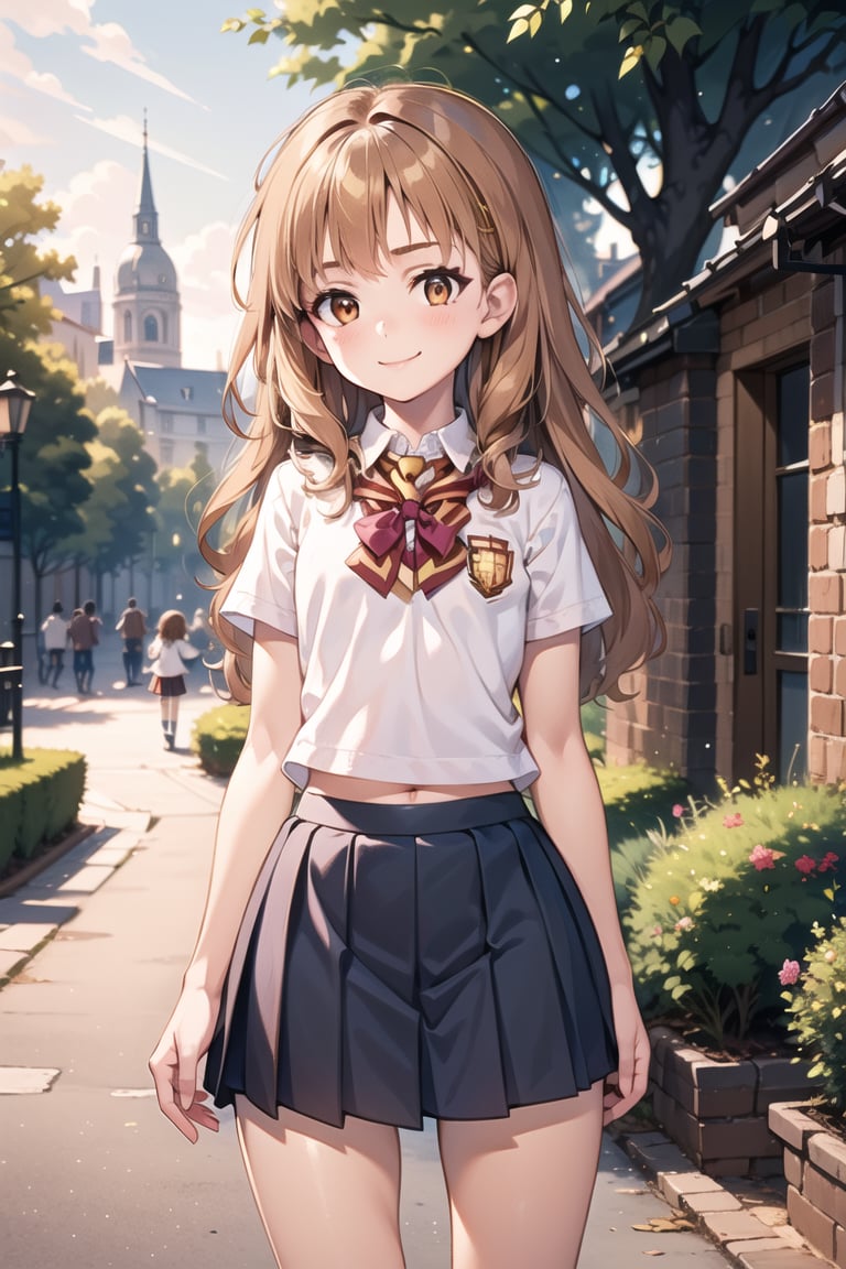 1girl, solo,, (masterpiece:1.2), extremely detailed face, perfect lighting, extremely detailed CG, (perfect hands, perfect anatomy),

loli, kid, (Hermione Granger), smile, (school uniform), small hips, skirt,

Outdoor, forest,

standing, view from behind, looking down,  looking at viewer, sorprise, blushing, embarassed,