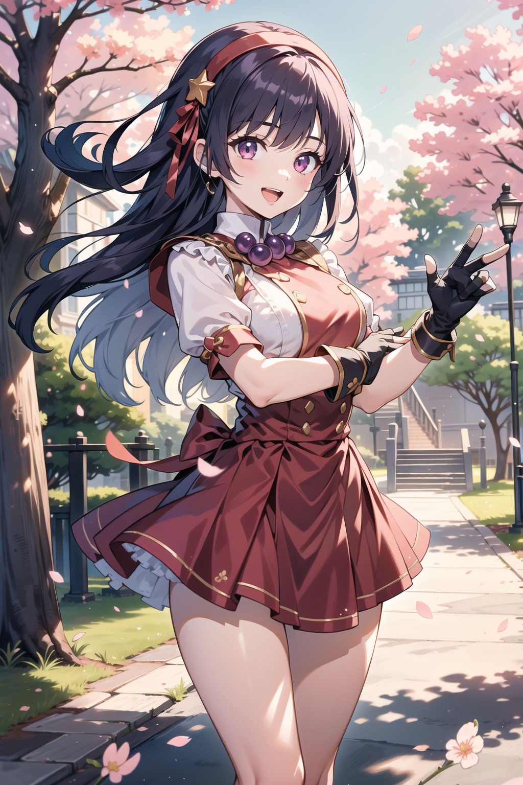 1girl, solo, master piece, extremely detailed face, perfect lighting, extremely detailed CG, (perfect hands, perfect anatomy), two legs, 5 fingers,

asamiya athena,1girl,solo,red hairband,star (symbol),smile,open mouth,star hair ornament,fingerless gloves

Outdoor, cherry_blossom tree, looking_at_viewer,  embarrased,