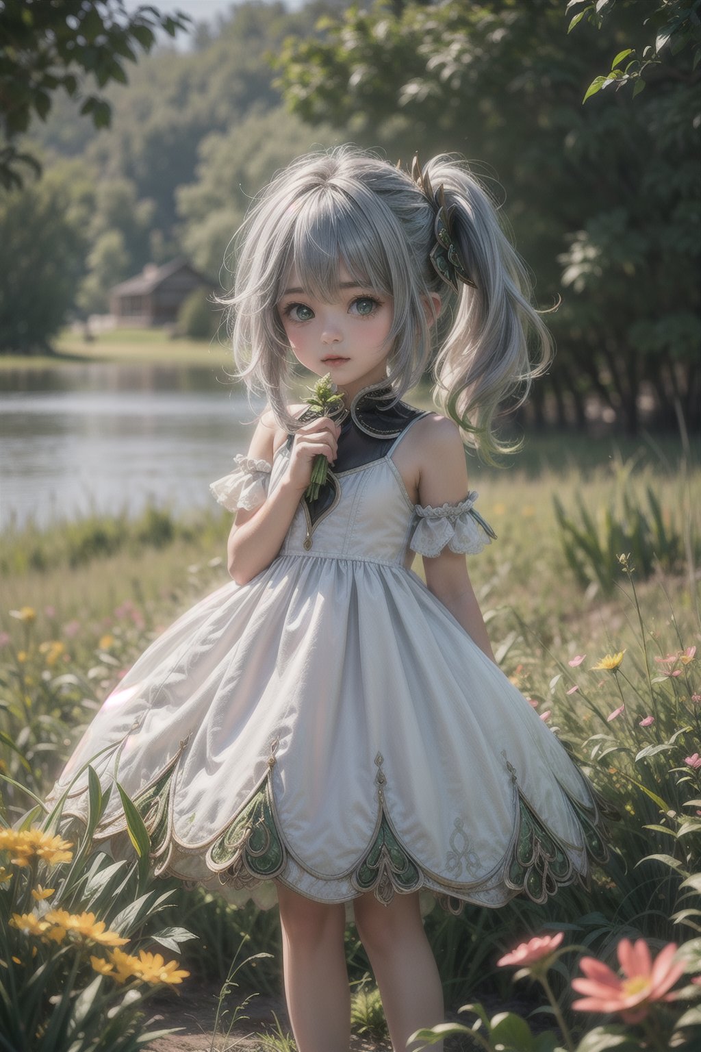 nahidadef, 12 year old girl, cute, silver hair, cute, innocent, slim, standing, prairie, flowers, sunny