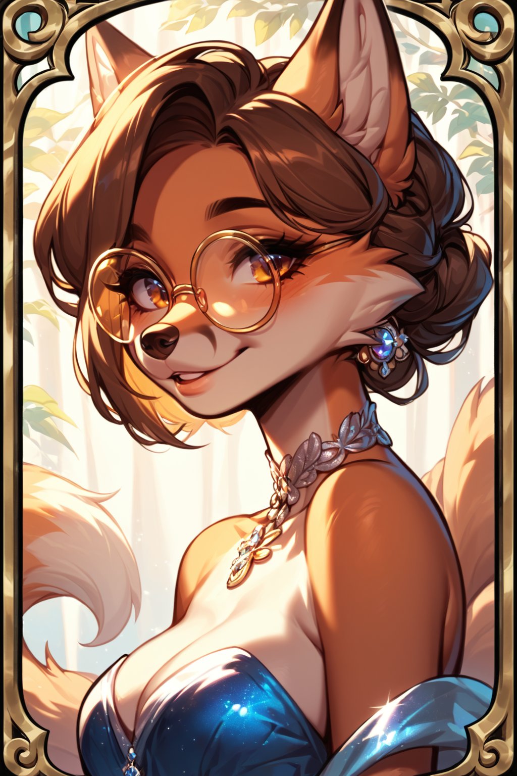 score_9, score_8_up, score_7_up, 1 girl, anthro fox, by: kanel, multiple tails, volumetric lighting, angled bob hairstyle (brown), round glasses, an anime-style image, pretty evening dress, close-up protrait, (on a tarot card)