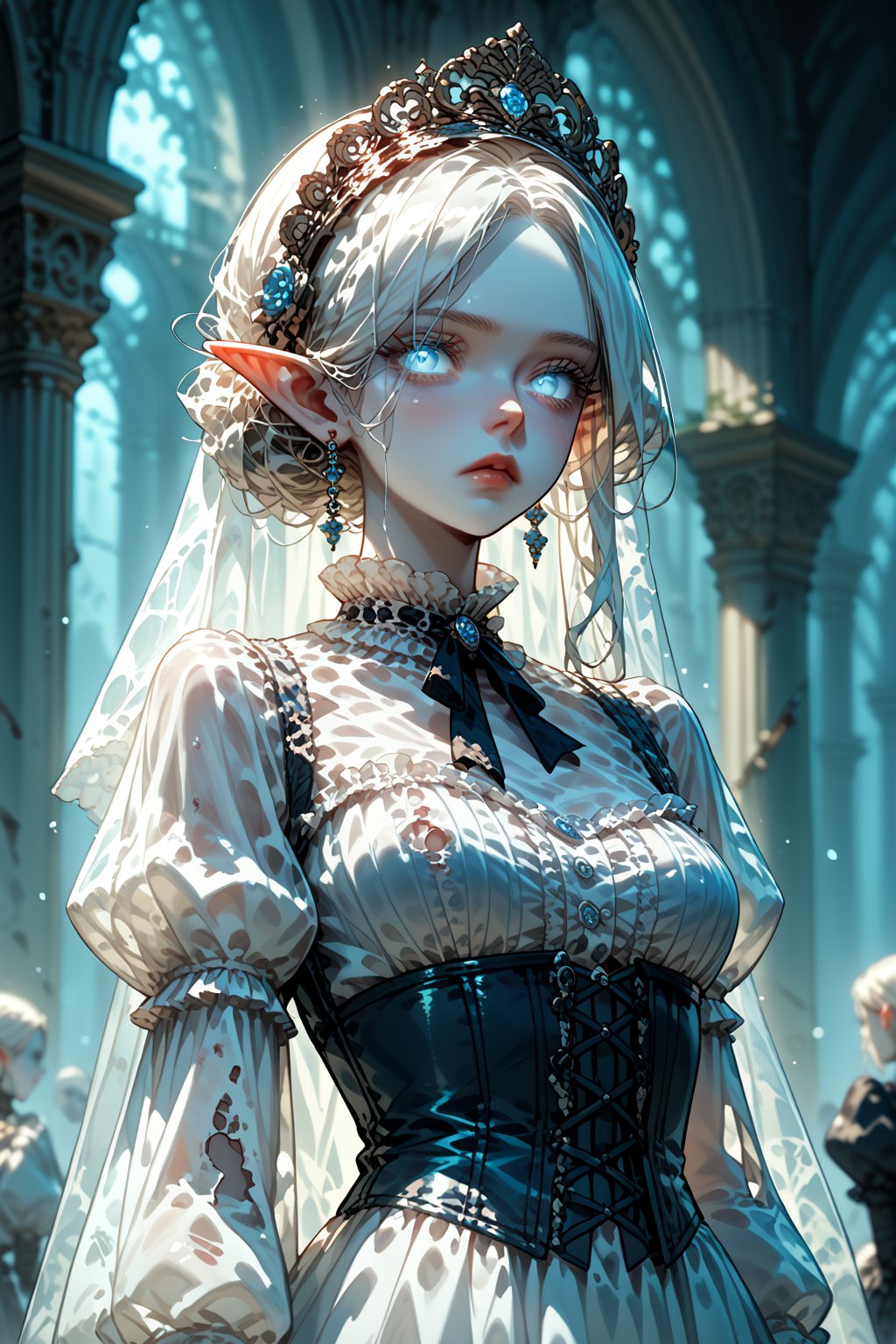 score_9, score_8_up, score_7_up, female, solo, elf, ((spectral, transparent skin, pale white skin)) , glowing eyes, Victorian era corset, torn clothing, broken tiara on head, surrounded by undead, front angled shot 