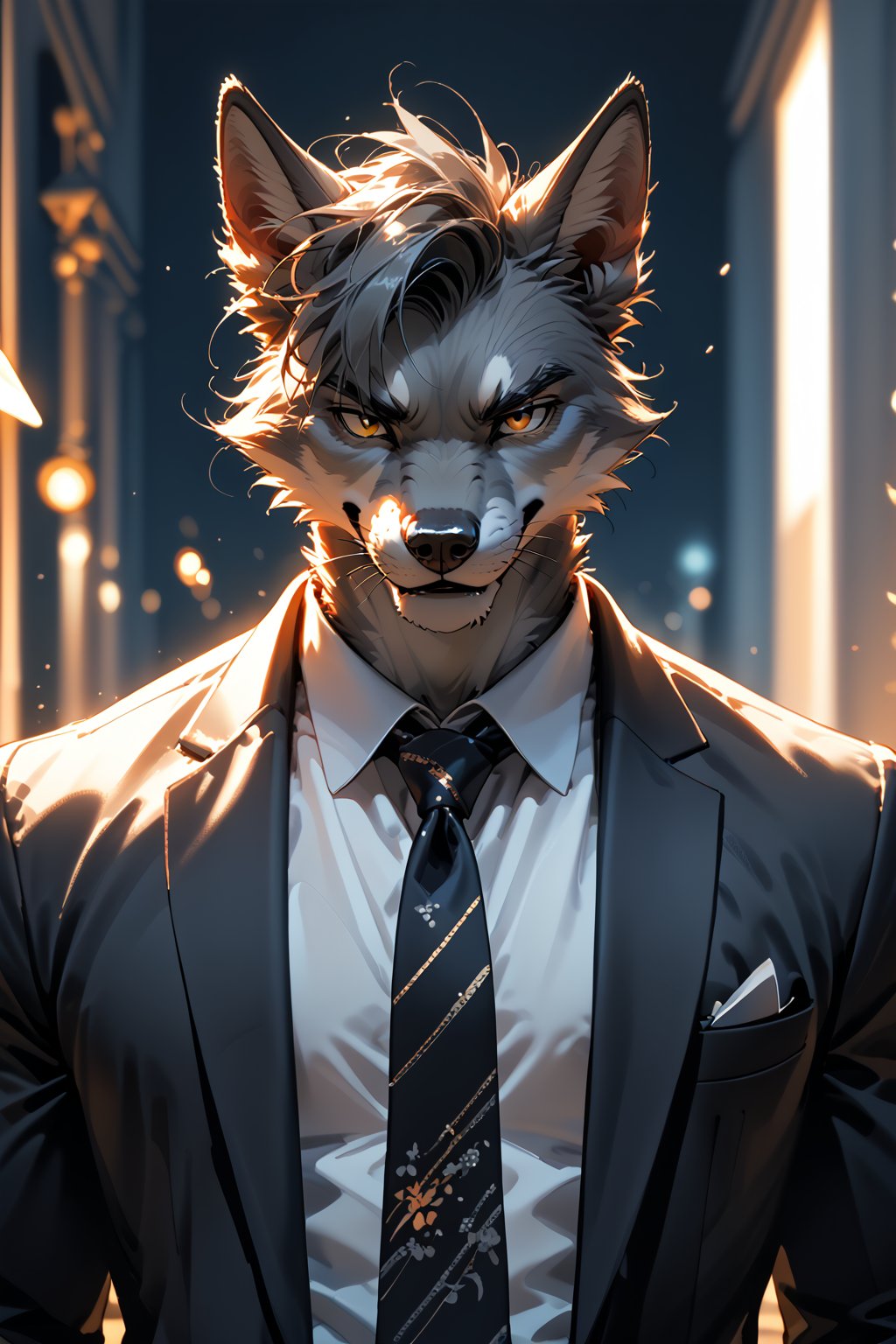  score_9, score_8_up, score_7_up, volumetric_lighting,  chiaroscuro_lighting, male, anthro fox (grey fur), lithe build, formal shirt and tie