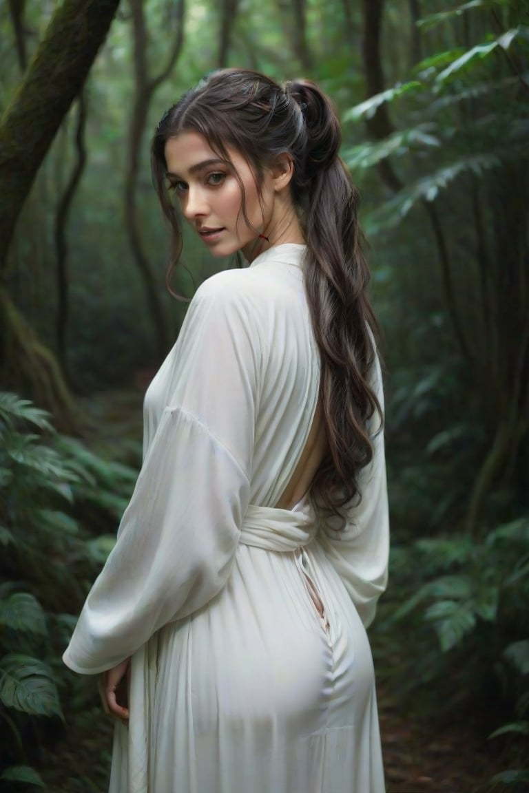 Ana María stands in a dimly lit, mystical forest, her long ponytail hair cascading down her back like a dark waterfall. Her pale white complexion glows softly in the faint moonlight filtering through the trees. She's dressed in flowing white robes, with leaves and vines tangled in her locks as if she's been wandering the woods for hours.