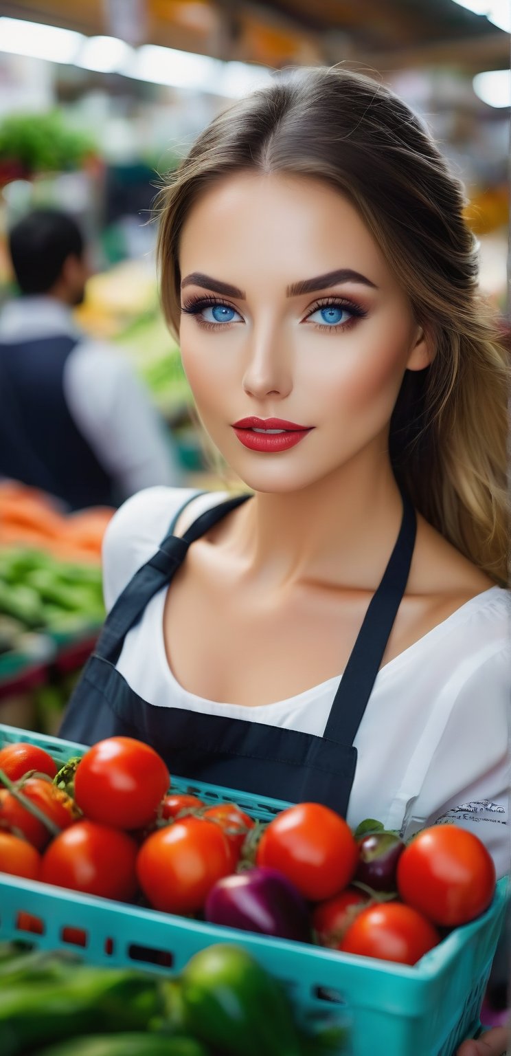 A very beautiful European woman, 30 years old, long hair, blue eyes, wearing a necklace and bracelet. She is wearing a clerk's apron. She is in a crowded vegetable market. He is a marketer in the vegetable and fruit market. He sells fruit. UHD resolution, detailed details, wide-angle shooting. Provocative look, wet lips, eager look of desire, very wide perspective angle