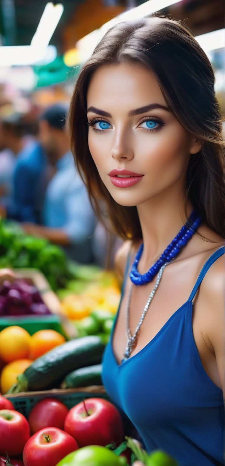 A very beautiful European woman, 30 years old, long hair, blue eyes, wearing a necklace and bracelet. She is in the crowded vegetable market. She is a marketer in the vegetable and fruit market. She sells fruit. UHD resolution, detailed details, wide angle shot. The provocative look, the wet lips, the look of eager desire,