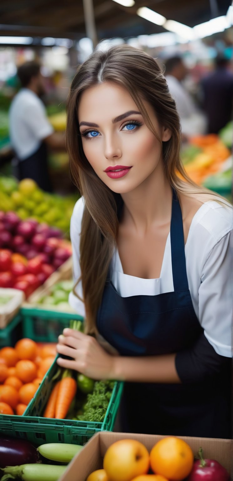 A very beautiful European woman, 30 years old, long hair, blue eyes, wearing a necklace and bracelet. She is wearing a clerk's apron. She is in a crowded vegetable market. He is a marketer in the vegetable and fruit market. He sells fruit. UHD resolution, detailed details, wide-angle shooting. Provocative look, wet lips, eager look of desire, very wide perspective angle