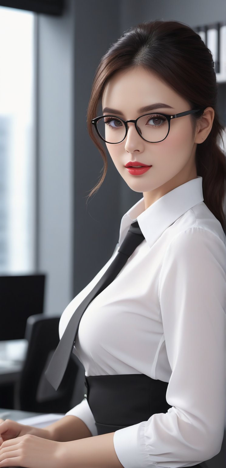 8k ultra realistic image, full length perspective wide angle detail. in the study room, next to the office desk, files, office supplies such as pc and printer. ((((a secretary woman))) the body of a gorgeous woman with wet lips, open mouth, glasses, low-cut breasts, mini skirt, plump body, looking as if she is ready to make love. She has a very sexy appearance, sex-seeking eyes and body attitude (in the office photo of a 28-year-old girl, ultra quality (natural skin texture), mysterious look, (black hair), dried lips, (((slightly freckled face))), (dark shot), (very high contrast), dramatic shadows, professional makeup, perfect composition, (high quality), (ultra detail), (high resolution), (masterpiece), (intricate and beautiful), (extraordinarily beautiful), (fine detail, beautiful hazel eyes and detailed face), (hyperrealism) photorealistic, hyperrealistic, high definition, cinematic, UHD, HDR, 8k, highly detailed)