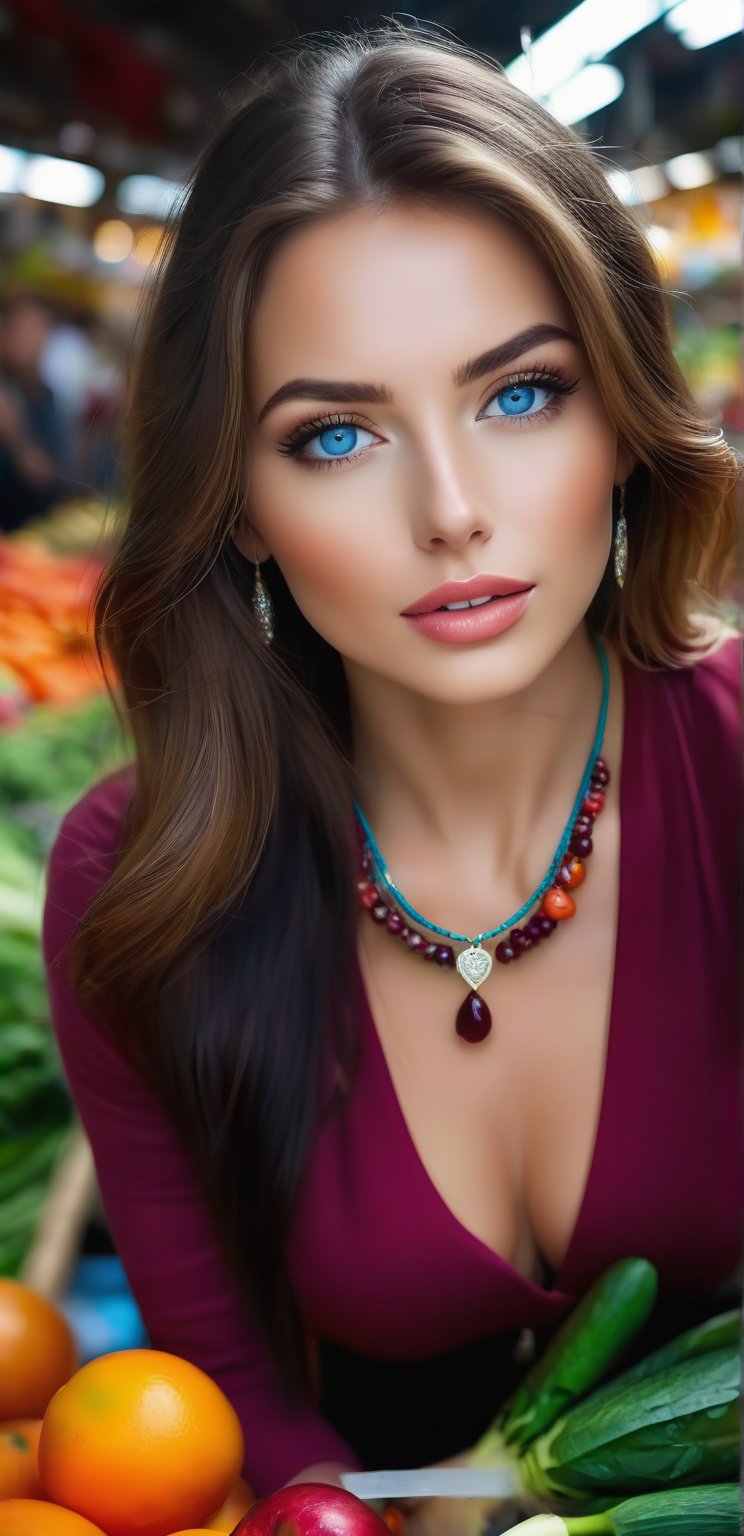 A very beautiful European woman, 30 years old, long hair, blue eyes, wearing a necklace and bracelet. She is in the crowded vegetable market. She is a marketer in the vegetable and fruit market. She sells fruit. UHD resolution, detailed details, wide angle shot. The provocative look, the wet lips, the look of eager desire,