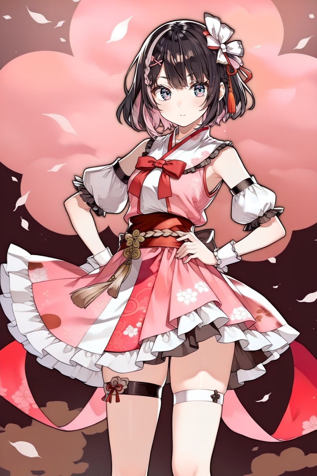 1girl, solo, short hair, (blue eyes), skirt, brown hair, black hair,pink dress, bow, ribbon, hair ribbon, braid, hand on hip, wrist cuffs, grey eyes, thigh strap, tassel, korean clothes, hanbok,((anime))