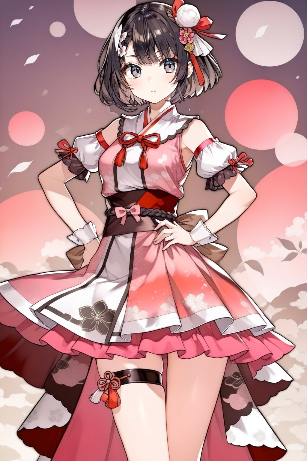 1girl, solo, short hair, blue eyes, skirt, brown hair, black hair,pink dress, bow, ribbon, hair ribbon, braid, hand on hip, wrist cuffs, grey eyes, thigh strap, tassel, korean clothes, hanbok,((anime))