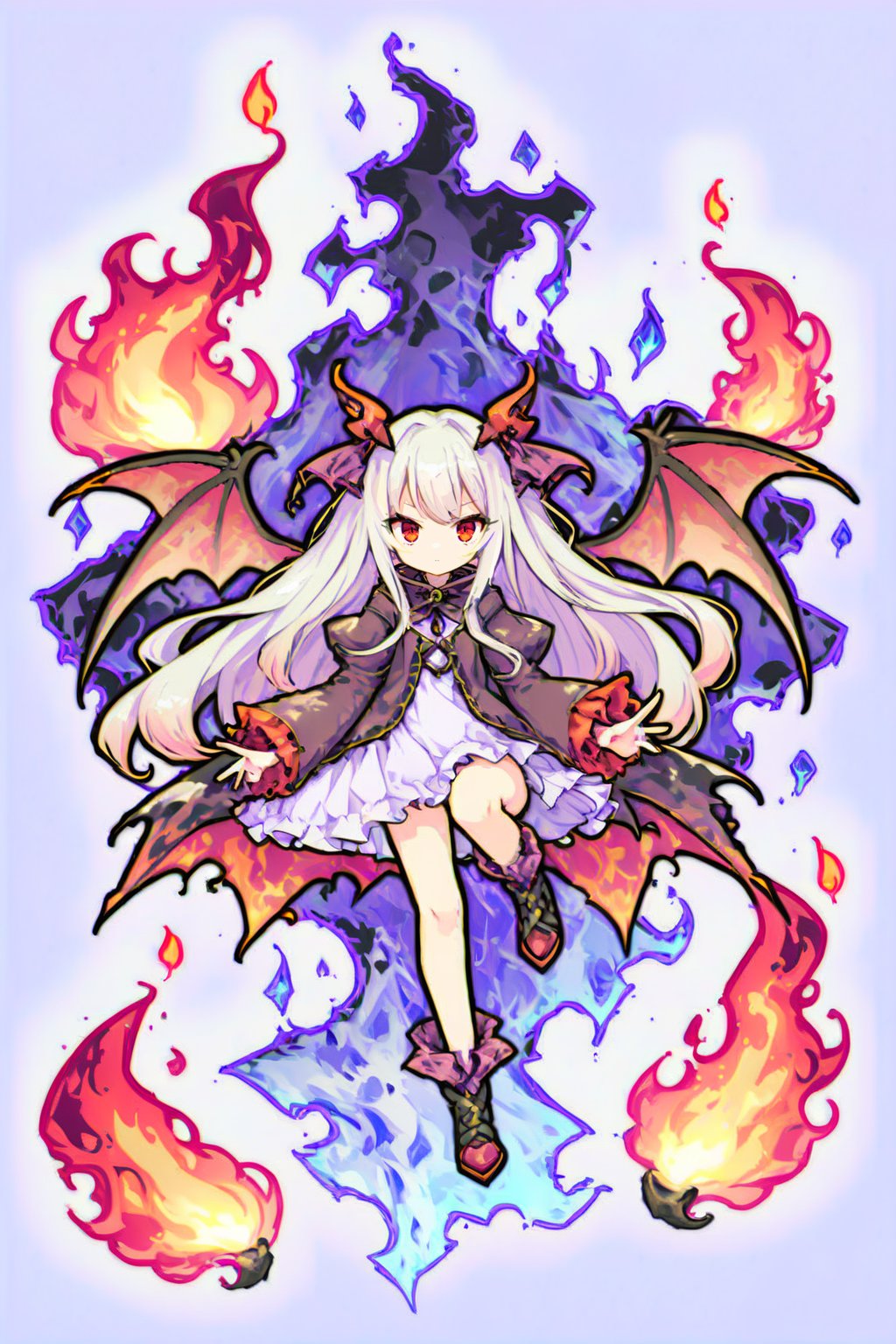 1girl, solo, long hair, looking at viewer, bangs, red eyes, closed mouth, full body, white hair, wings, fire, demon wings, red wings