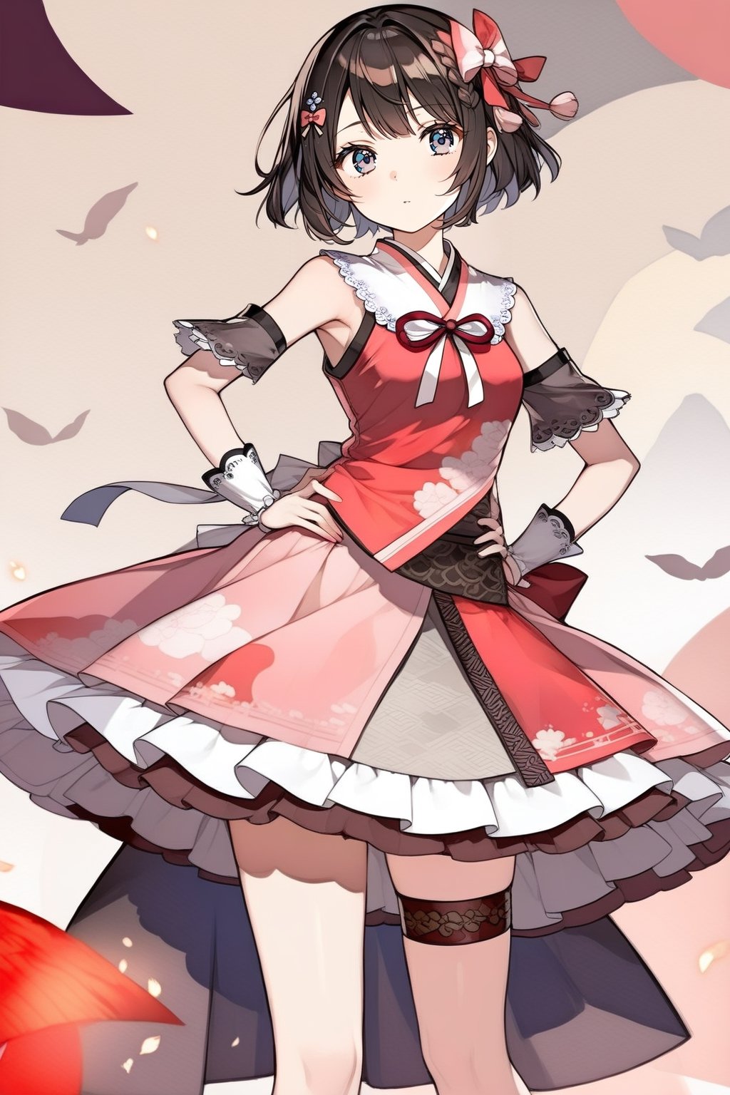 1girl, solo, short hair, (blue eyes), skirt, brown hair, black hair,pink dress, bow, ribbon, hair ribbon, braid, hand on hip, wrist cuffs, grey eyes, thigh strap, tassel, korean clothes, hanbok,((anime))