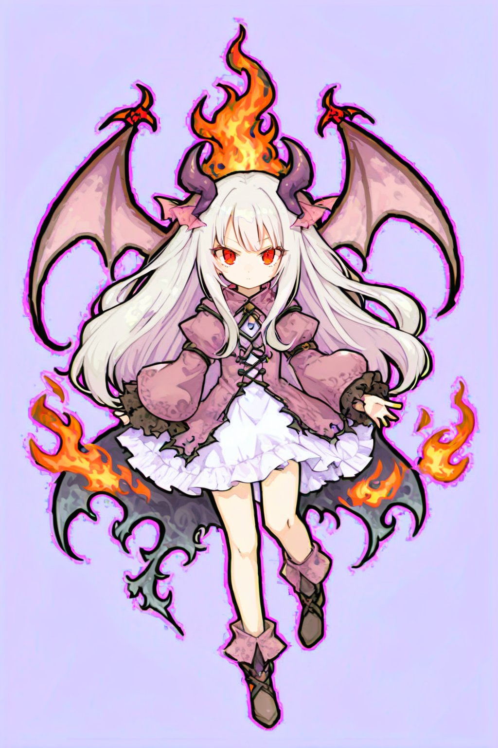 1girl, solo, long hair, looking at viewer, bangs, red eyes, closed mouth, full body, white hair, wings, fire, demon wings, red wings