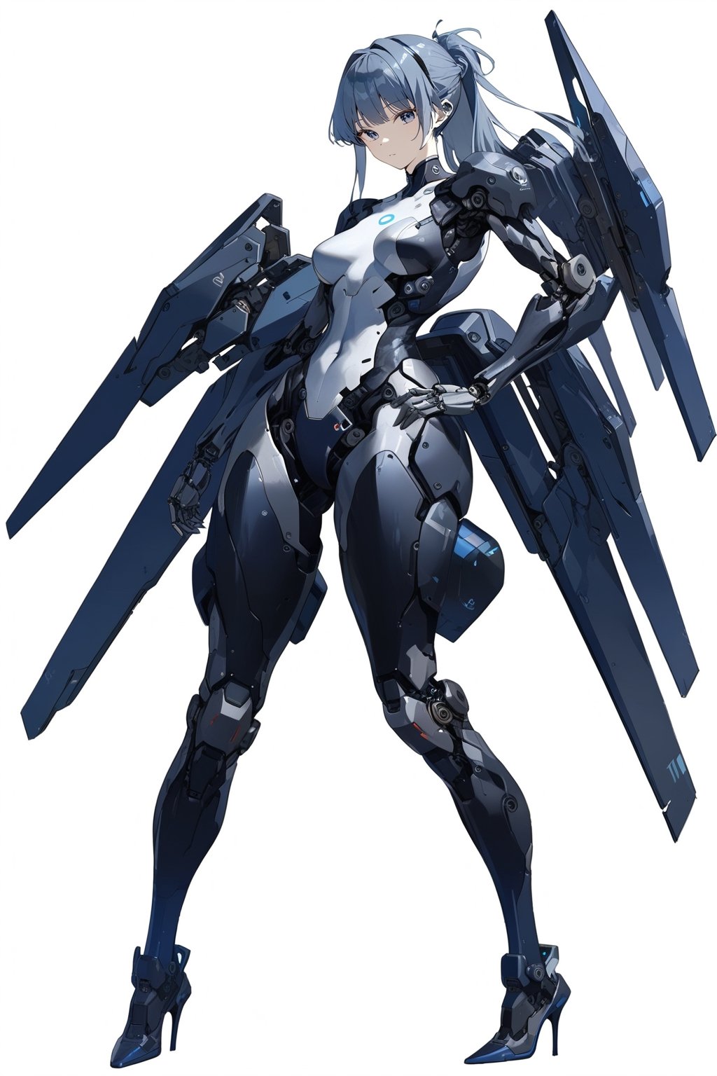 masterpiece, best quality, aesthetic,cyborg, 1girl, solo, long_ponytail,  long hair, full body,  standing, high heels, breasts, robot joints, white background, simple background, medium breasts,  futuristic bodysuit, realistic,knight,toki \(blue_archive\),robot,looking_at_viewer,toki \(blue archive\)