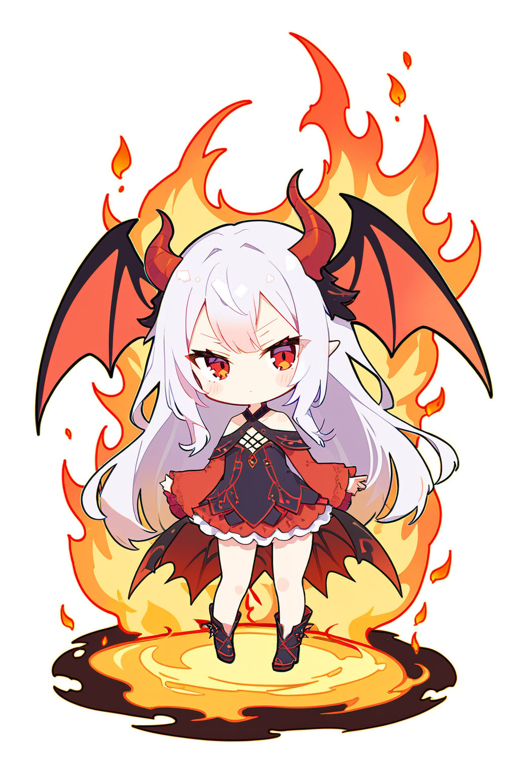 1girl, solo, long hair, looking at viewer, bangs, red eyes, closed mouth, full body, white hair, wings, chibi, fire, demon wings, red wings