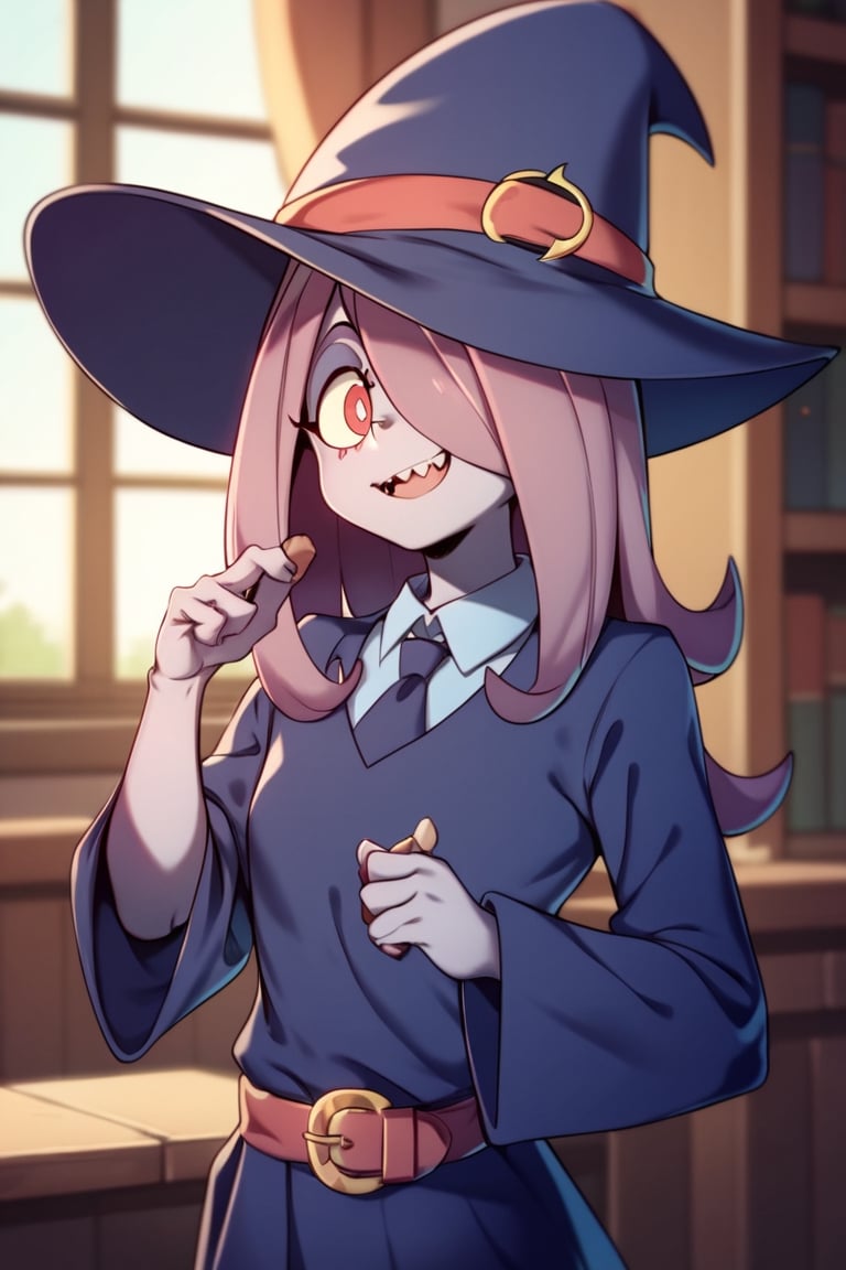 Score_9, Score_8_up, Score_7_up, Score_6_up, Score_5_up, Score_4_up, source_cartoon,
sucy_manbavaran,
(Little_witch_academia:1.3),
(cute:1.2),
1girl,big_eyes,
sharp_teeth, upper_body,
indoors,smile,
blue shirt, long sleeves, dress, school uniform, standing, collared_shirt, belt, wide sleeves, hat, witch hat, witch, 
luna nova school uniform,
