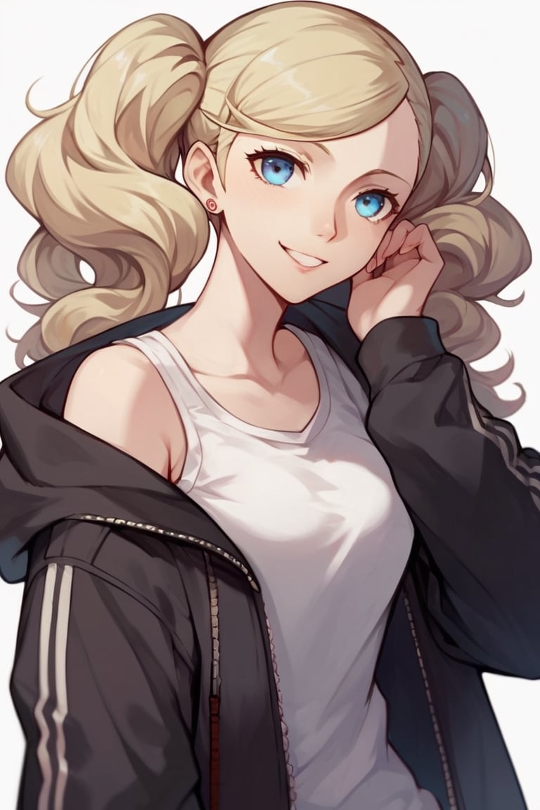 Score_9, Score_8_up, Score_7_up, Score_6_up, Score_5_up, Score_4_up, source_cartoon,
takamaki_anne, persona, 
1girl, blonde_hair, blue_eyes
smile,
black jacket,white oversized sweatshirt,