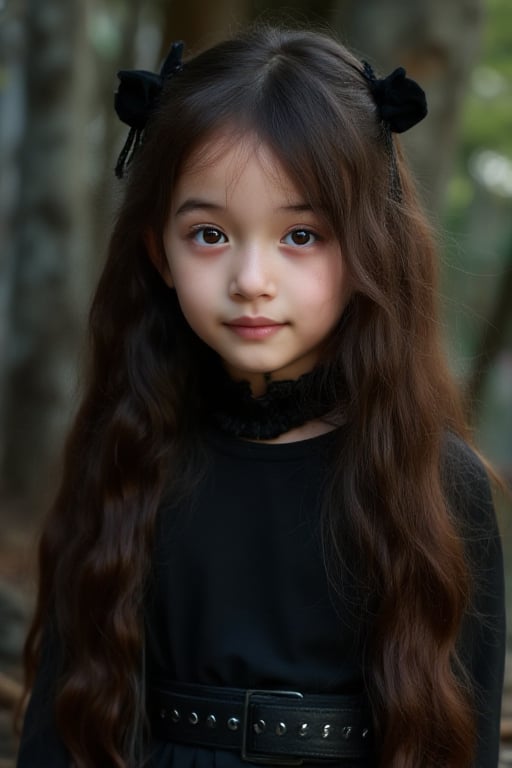 hunart, Masterpiece, insanely detailed, high definition digital photography of a Goth girl ((Young, Beautiful)), hunart, 9 years old, Photo featuring a young girl with long, flowing brown hair and brown eyes. 