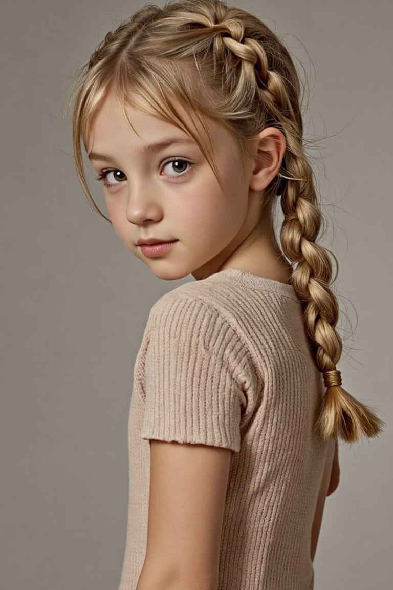 young br1tn3y girl, blond hair braided. standing looking back, portrait, 