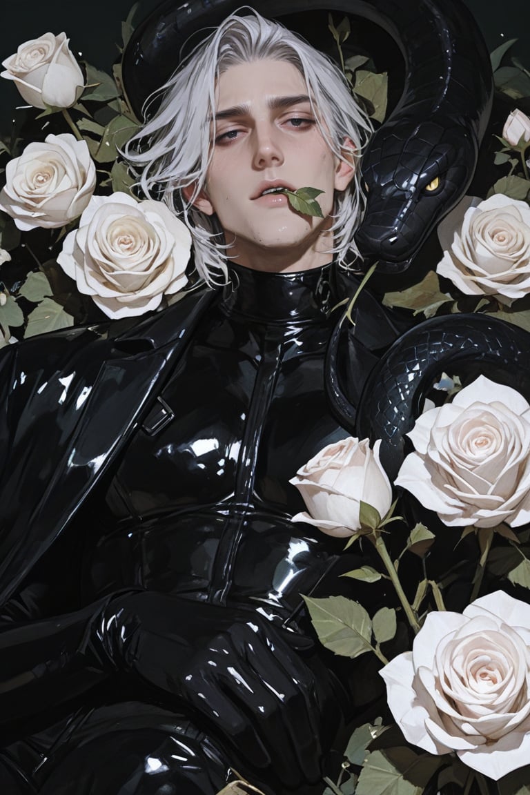 1 guy,  long silver hair,  black latex suit by fluffy_caramel on Tensor.Art