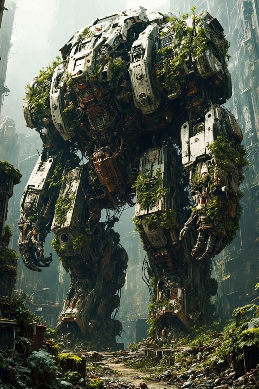 A photorealistic depiction of a gargantuan abandoned robot, its once-metallic body now shrouded in vines and moss, as if the very earth itself is reclaiming the giant's territory. Twisted tendrils of ivy wrap around rusty limbs, while tiny mole holes dot the landscape, adding to the eerie sense of abandonment.,FuturEvoLabMecha