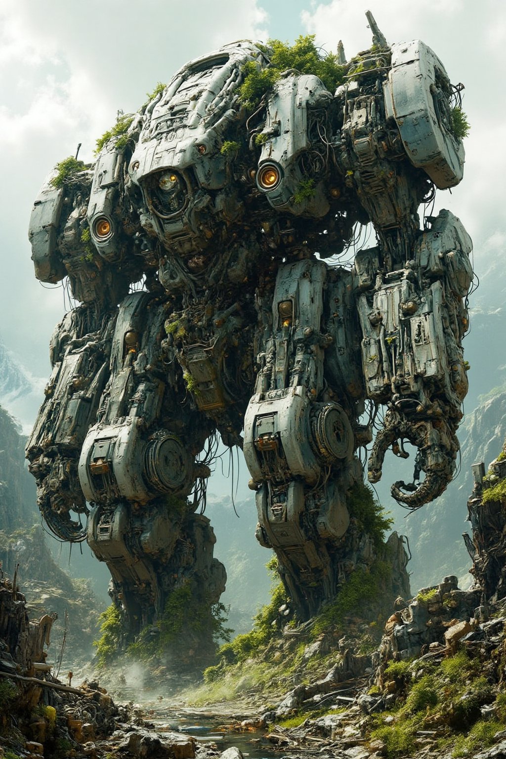 A photorealistic depiction of a gargantuan abandoned robot, its once-metallic body now shrouded in vines and moss, as if the very earth itself is reclaiming the giant's territory. Twisted tendrils of ivy wrap around rusty limbs, while tiny mole holes dot the landscape, adding to the eerie sense of abandonment.,FuturEvoLabMecha