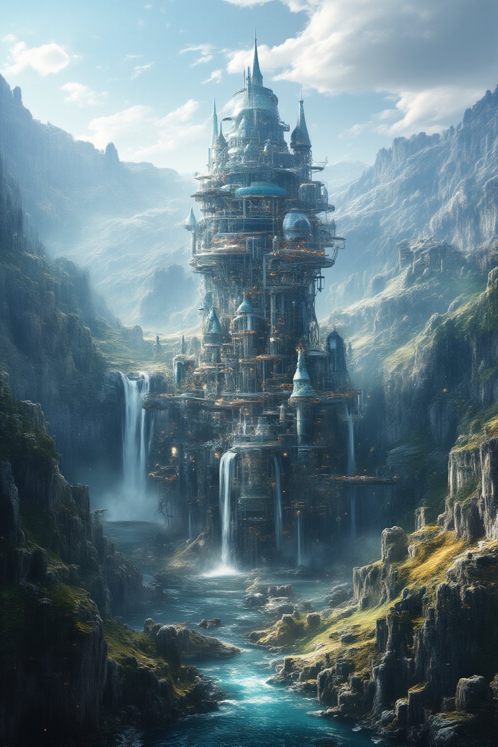 A majestic photorealistic rendering of a moving castle perched atop a tall building, its mechanical leg extending from the foundation as intricate gears whir into motion. The surrounding landscape features serene lakes, a winding river, and a majestic mountain range, culminating in a breathtaking waterfall that cascades down the rocky face. Against the backdrop of a crystal-clear sky, the moving castle stands out against the natural beauty, its mechanical components glinting in the sunlight.