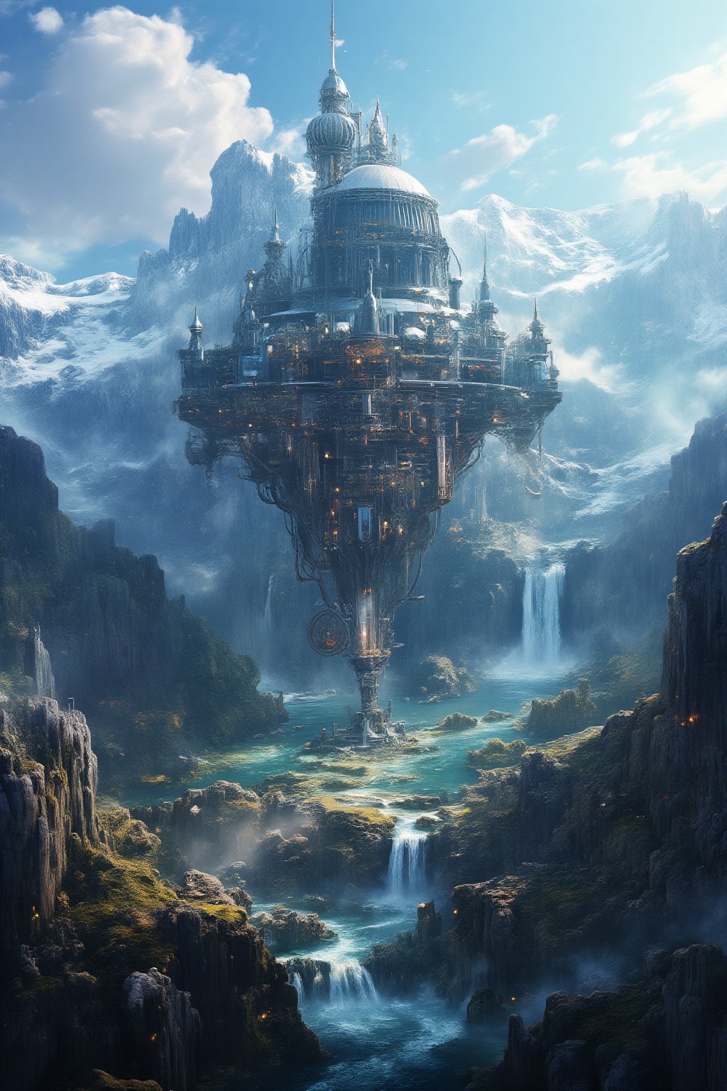 A majestic photorealistic rendering of a moving castle perched atop a tall building, its mechanical leg extending from the foundation as intricate gears whir into motion. The surrounding landscape features serene lakes, a winding river, and a majestic mountain range, culminating in a breathtaking waterfall that cascades down the rocky face. Against the backdrop of a crystal-clear sky, the moving castle stands out against the natural beauty, its mechanical components glinting in the sunlight.,noc-space