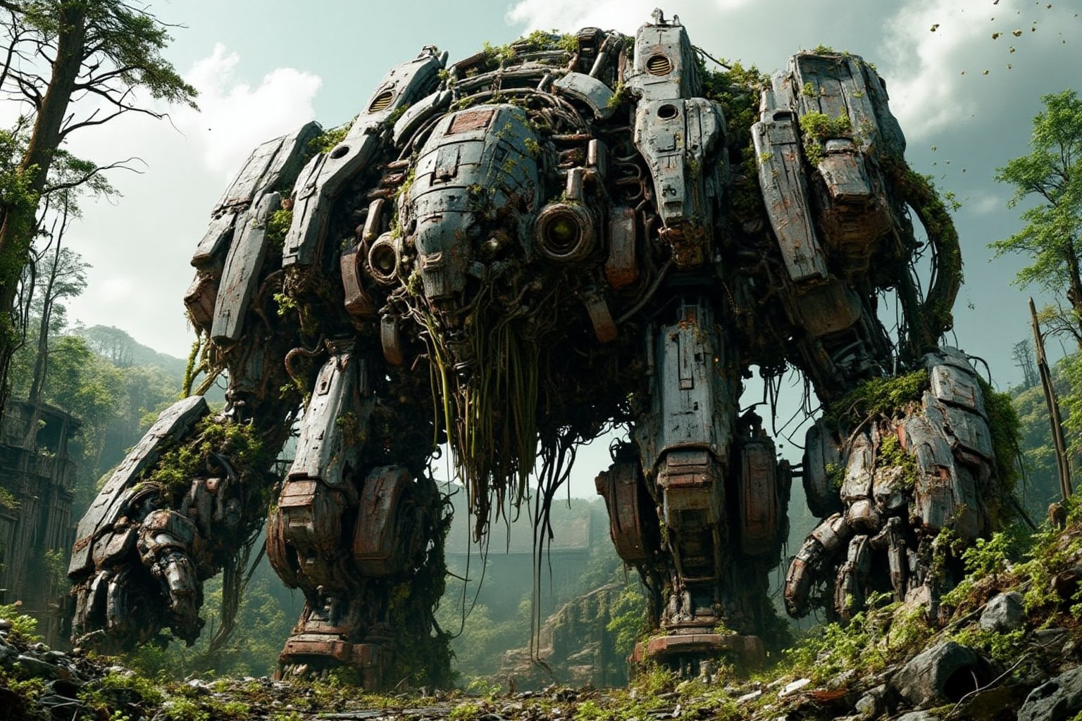 A photorealistic depiction of a gargantuan abandoned robot, its once-metallic body now shrouded in vines and moss, as if the very earth itself is reclaiming the giant's territory. Twisted tendrils of ivy wrap around rusty limbs, while tiny mole holes dot the landscape, adding to the eerie sense of abandonment.