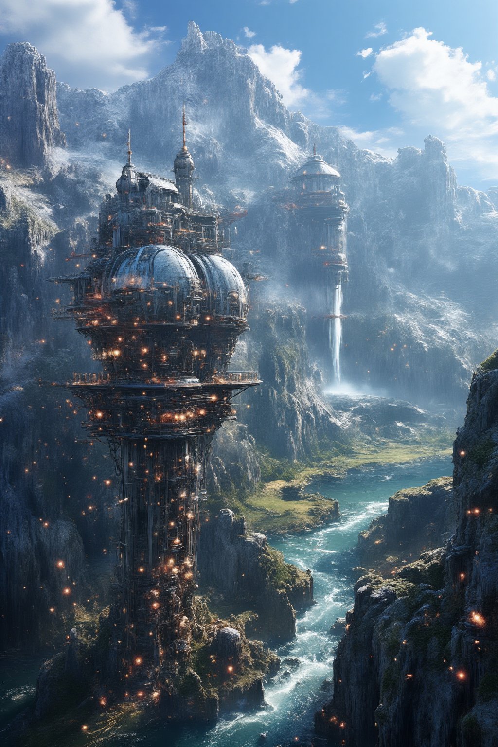 A majestic photorealistic rendering of a moving castle perched atop a tall building, its mechanical leg extending from the foundation as intricate gears whir into motion. The surrounding landscape features serene lakes, a winding river, and a majestic mountain range, culminating in a breathtaking waterfall that cascades down the rocky face. Against the backdrop of a crystal-clear sky, the moving castle stands out against the natural beauty, its mechanical components glinting in the sunlight.,noc-space