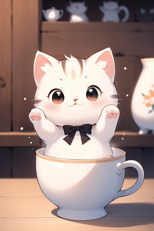 Kawaii kitten playing in a tea set, kawaii cat