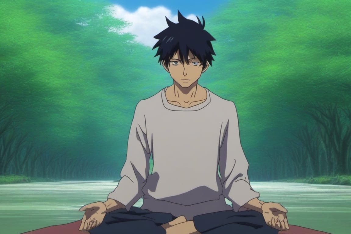 a anime like boy meditating in the near river ,ani_booster,rin_okumura