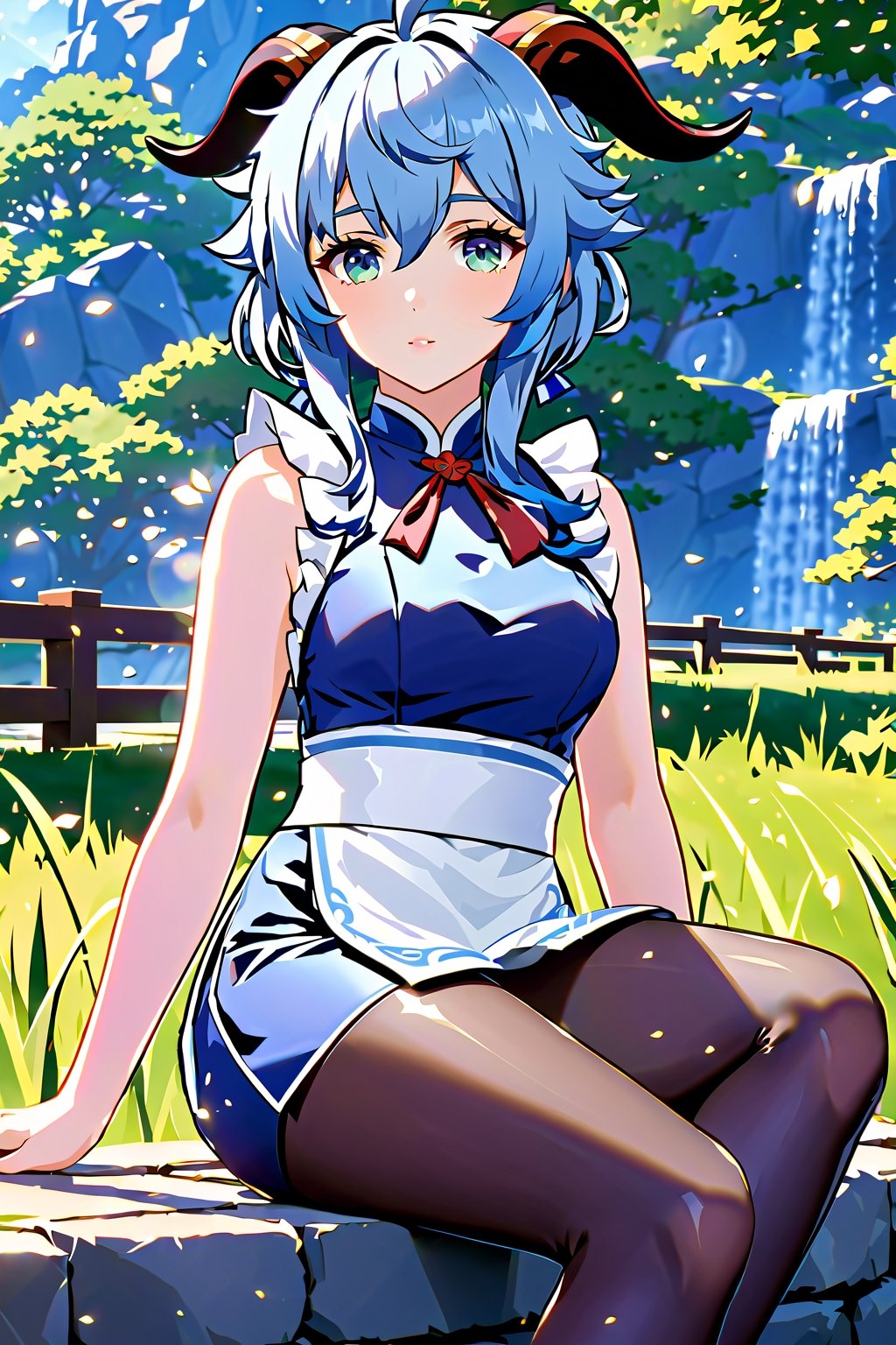 {{masterpiece, best quality, extremely detailed CG, unity 8k wallpaper, cinematic lighting, lens flare}},blue hair,(goat horns:1.2),ganyu french maid,qipaoganyu,hair between eyes,(pantyhose:1.2),(looking at viewer:1.2),blue eyes,bunnygirl suit,wide view,full body,sitting,cosplay,ganyu \(genshin impact\),thick body,ganyu,green eyes, outdoors,pantyhose,,ganyutb,sitting,cross leg,  foot,two_feet,ganyu cheongsam,