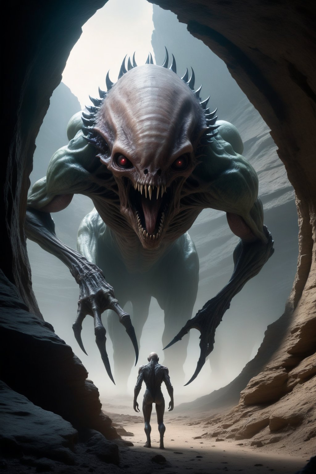 a creepy bipedal lifeform emerging from the shodows of a rock tunnel on an alien world,  fangs,  sinewy by cheesecake_fact...