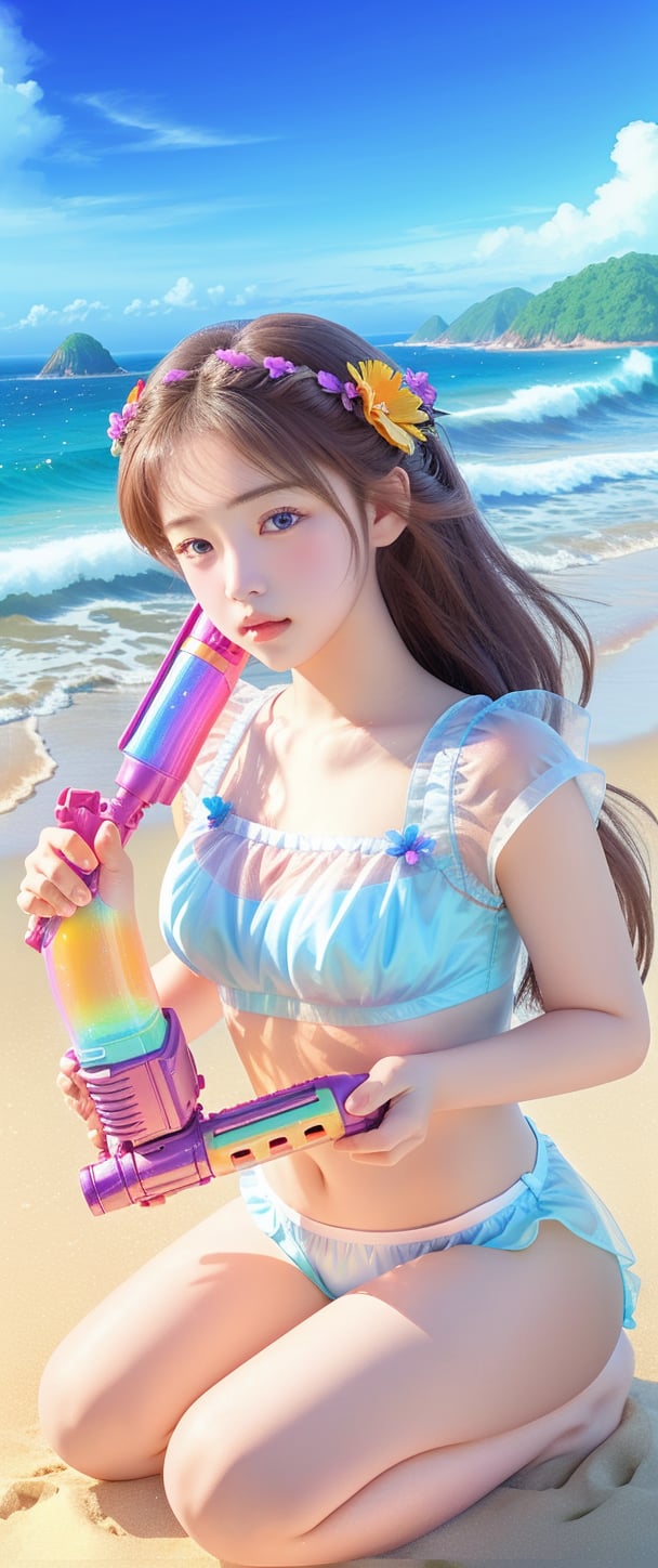 The image portrays an anime art style, likely drawn by a digital artist. The composition centers on a young woman kneeling at the beach with rolling waves and blue skies in the background. She features long, flowing hair adorned with a flower and wears a translucent sailor-style top. She holds an oversized, futuristic water gun with intricate details and vibrant colors, standing out as a focal point. The beach is encircled by gentle waves with distant islands visible on the horizon. The overall aesthetic combines playful fantasy elements with a serene seaside setting.