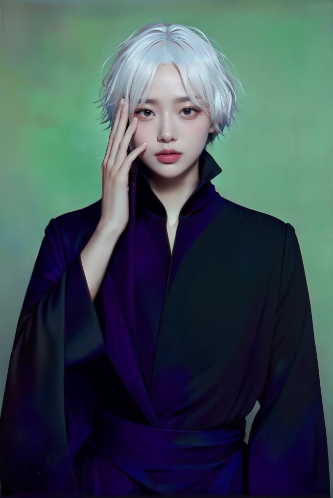 This image showcases a hyper-realistic digital artwork, possibly created by a contemporary artist. The composition features a close-up portrait of a young individual with striking white hair and a serene expression. The subject's hand is gently touching their forehead, adding an intimate and contemplative feel to the image. The background is a simple gradient, shifting from light to dark hues, which emphasizes the subject's features. Dressed in a high-collared black garment, the subject stands out prominently against the subdued backdrop. Skin tones are soft and meticulously detailed, highlighting the artist's skill in realism. The overall effect is ethereal, with a focus on fine details and smooth textures.