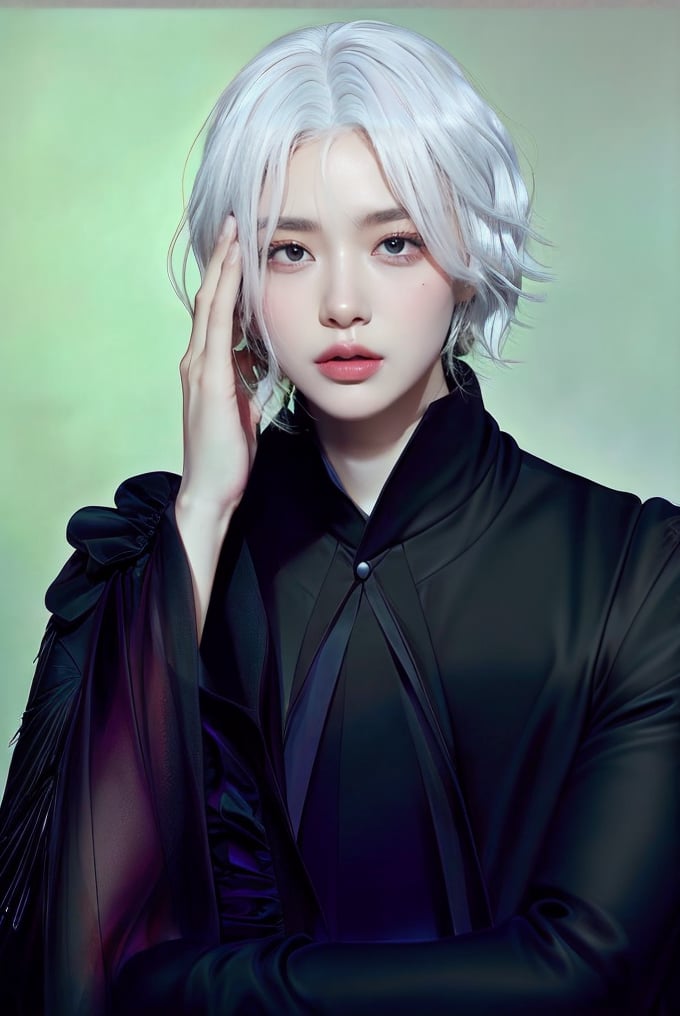 This image showcases a hyper-realistic digital artwork, possibly created by a contemporary artist. The composition features a close-up portrait of a young individual with striking white hair and a serene expression. The subject's hand is gently touching their forehead, adding an intimate and contemplative feel to the image. The background is a simple gradient, shifting from light to dark hues, which emphasizes the subject's features. Dressed in a high-collared black garment, the subject stands out prominently against the subdued backdrop. Skin tones are soft and meticulously detailed, highlighting the artist's skill in realism. The overall effect is ethereal, with a focus on fine details and smooth textures.