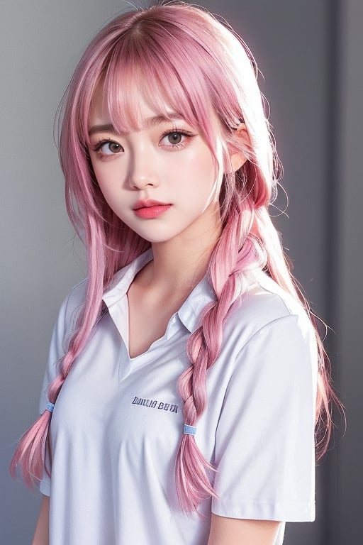 1girl, solo, long hair, looking at viewer, smile, bangs, simple background, shirt, brown eyes, closed mouth, school uniform, white shirt, upper body, pink hair, braid, short sleeves, grey background, twin braids, lips, gradient, gradient background, realistic