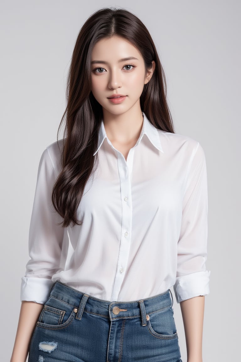 a stunning girl, solo, long hair, looking at viewer, simple background, brown hair, shirt, white shirt, parted lips, collared shirt, belt, pants, grey background, lips, denim, jeans, realistic